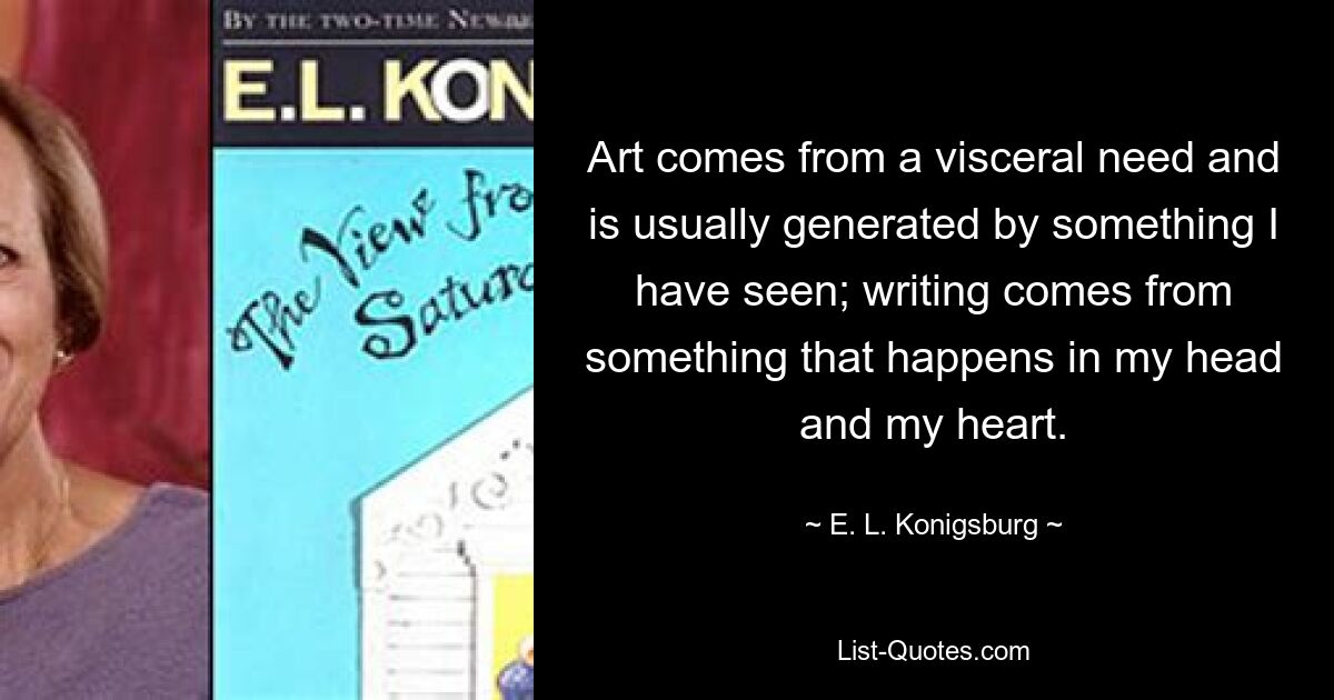 Art comes from a visceral need and is usually generated by something I have seen; writing comes from something that happens in my head and my heart. — © E. L. Konigsburg