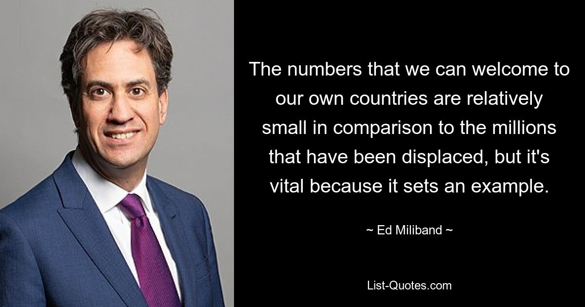 The numbers that we can welcome to our own countries are relatively small in comparison to the millions that have been displaced, but it's vital because it sets an example. — © Ed Miliband