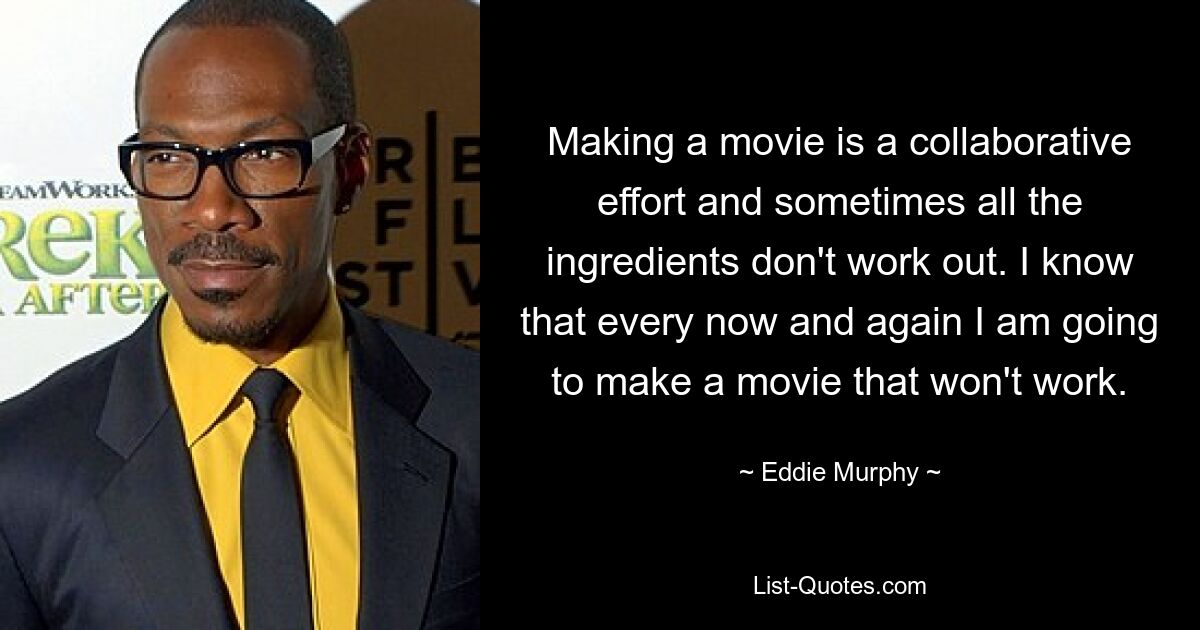 Making a movie is a collaborative effort and sometimes all the ingredients don't work out. I know that every now and again I am going to make a movie that won't work. — © Eddie Murphy