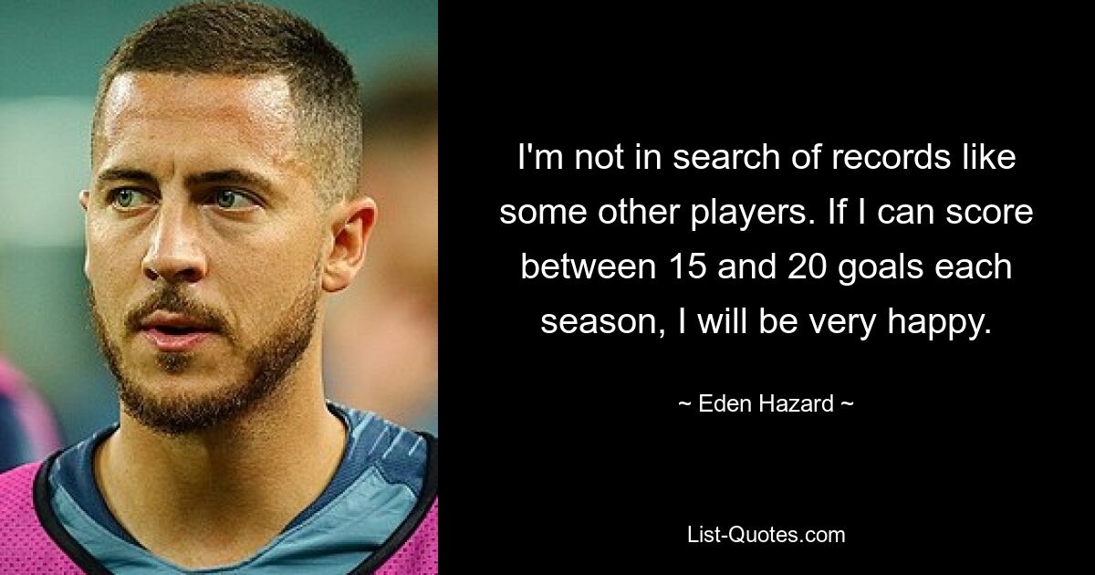 I'm not in search of records like some other players. If I can score between 15 and 20 goals each season, I will be very happy. — © Eden Hazard