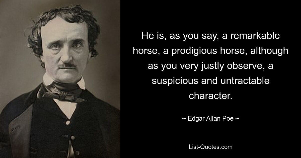 He is, as you say, a remarkable horse, a prodigious horse, although as you very justly observe, a suspicious and untractable character. — © Edgar Allan Poe