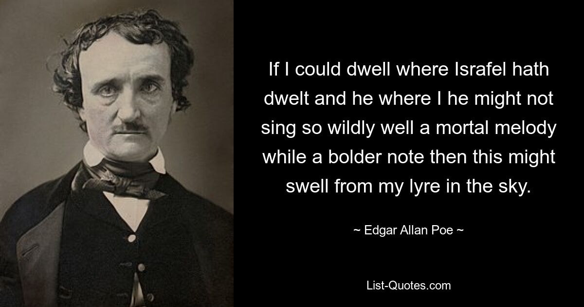 If I could dwell where Israfel hath dwelt and he where I he might not sing so wildly well a mortal melody while a bolder note then this might swell from my lyre in the sky. — © Edgar Allan Poe