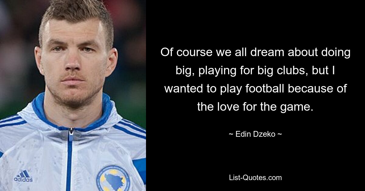 Of course we all dream about doing big, playing for big clubs, but I wanted to play football because of the love for the game. — © Edin Dzeko