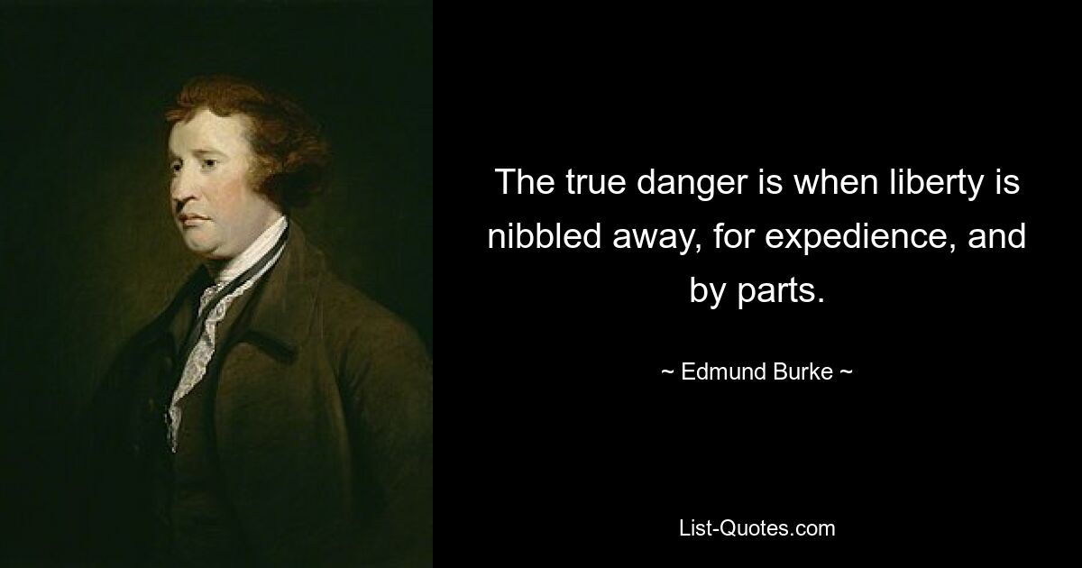 The true danger is when liberty is nibbled away, for expedience, and by parts. — © Edmund Burke