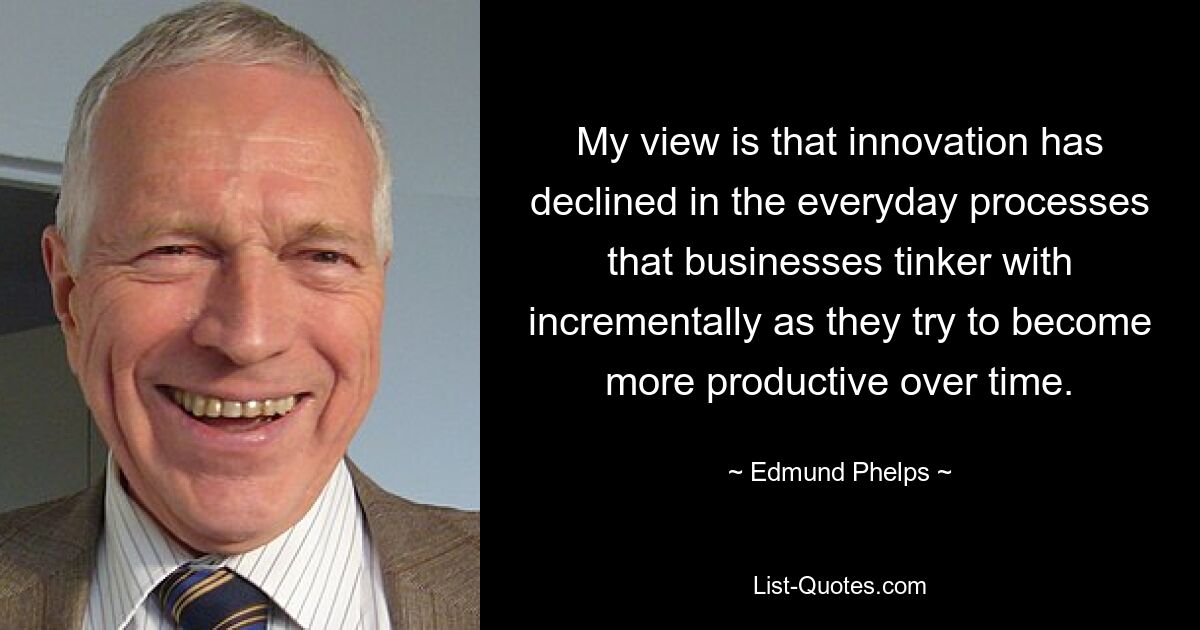 My view is that innovation has declined in the everyday processes that businesses tinker with incrementally as they try to become more productive over time. — © Edmund Phelps