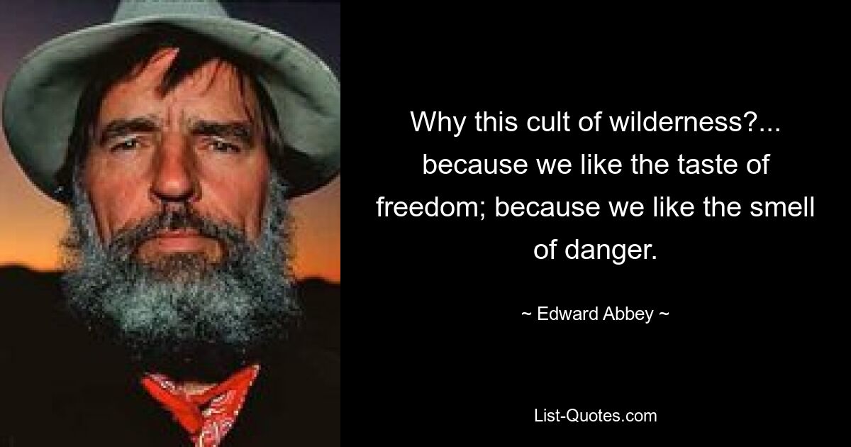 Why this cult of wilderness?... because we like the taste of freedom; because we like the smell of danger. — © Edward Abbey