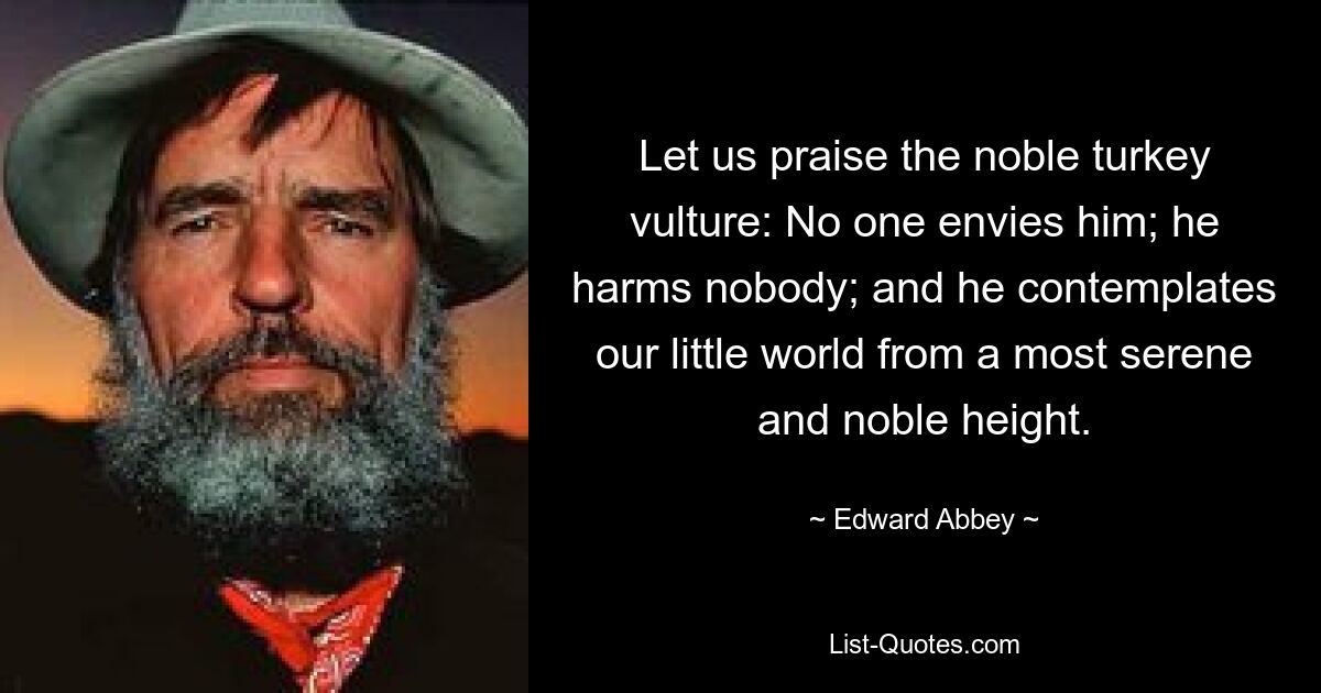 Let us praise the noble turkey vulture: No one envies him; he harms nobody; and he contemplates our little world from a most serene and noble height. — © Edward Abbey