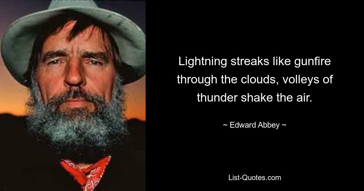 Lightning streaks like gunfire through the clouds, volleys of thunder shake the air. — © Edward Abbey