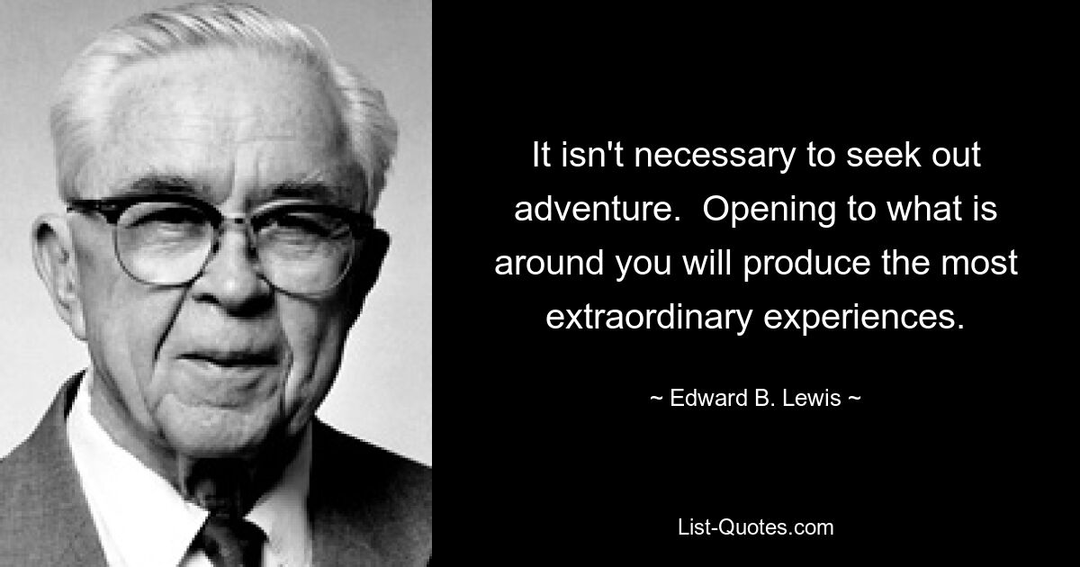 It isn't necessary to seek out adventure.  Opening to what is around you will produce the most extraordinary experiences. — © Edward B. Lewis