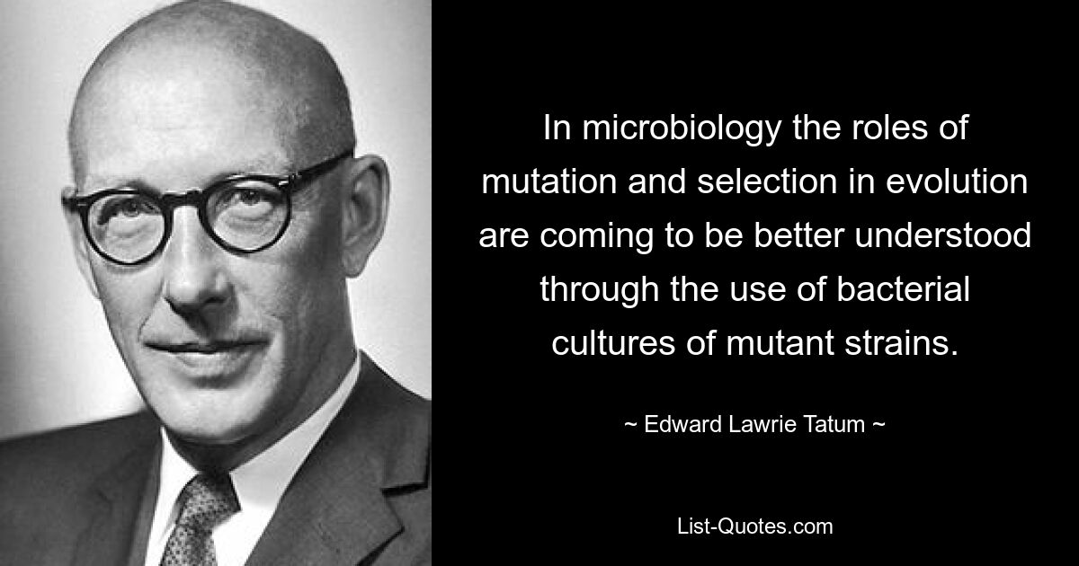 In microbiology the roles of mutation and selection in evolution are coming to be better understood through the use of bacterial cultures of mutant strains. — © Edward Lawrie Tatum