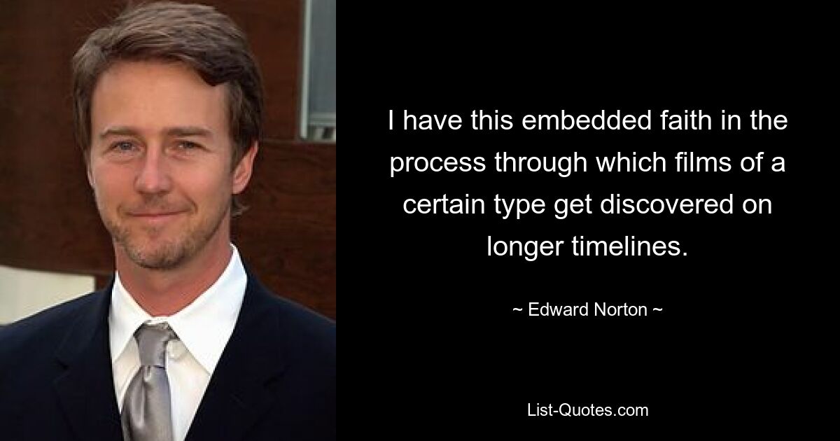 I have this embedded faith in the process through which films of a certain type get discovered on longer timelines. — © Edward Norton