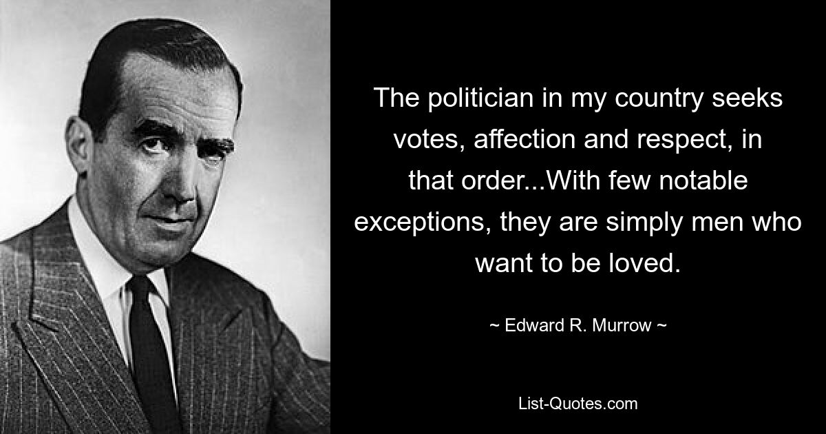 The politician in my country seeks votes, affection and respect, in that order...With few notable exceptions, they are simply men who want to be loved. — © Edward R. Murrow