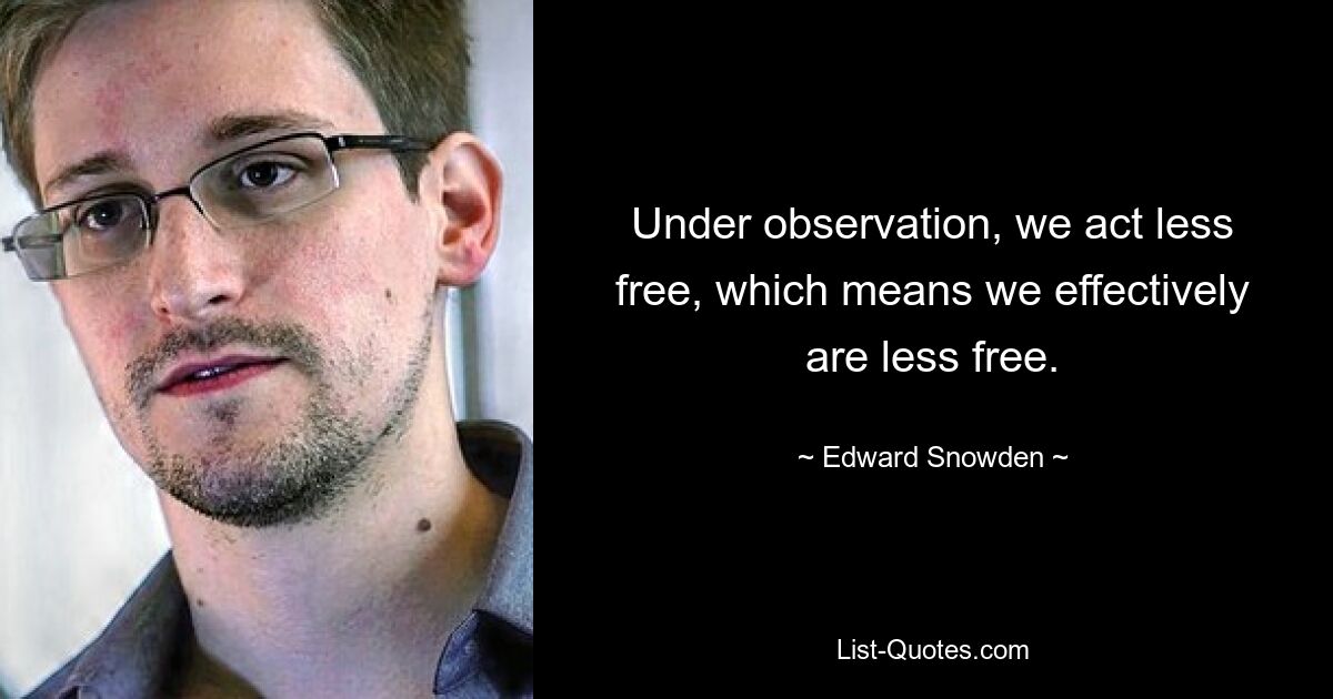 Under observation, we act less free, which means we effectively are less free. — © Edward Snowden