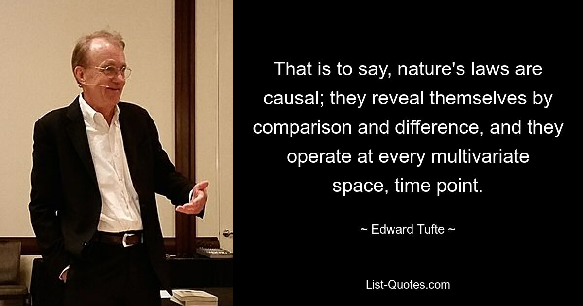 That is to say, nature's laws are causal; they reveal themselves by comparison and difference, and they operate at every multivariate space, time point. — © Edward Tufte