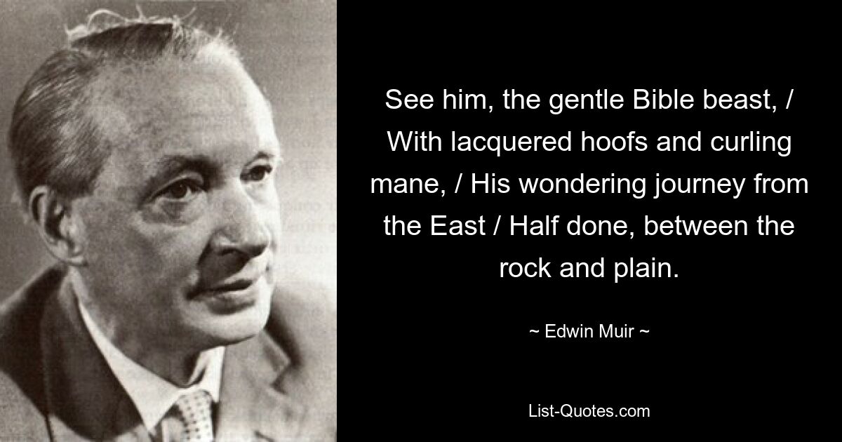 See him, the gentle Bible beast, / With lacquered hoofs and curling mane, / His wondering journey from the East / Half done, between the rock and plain. — © Edwin Muir