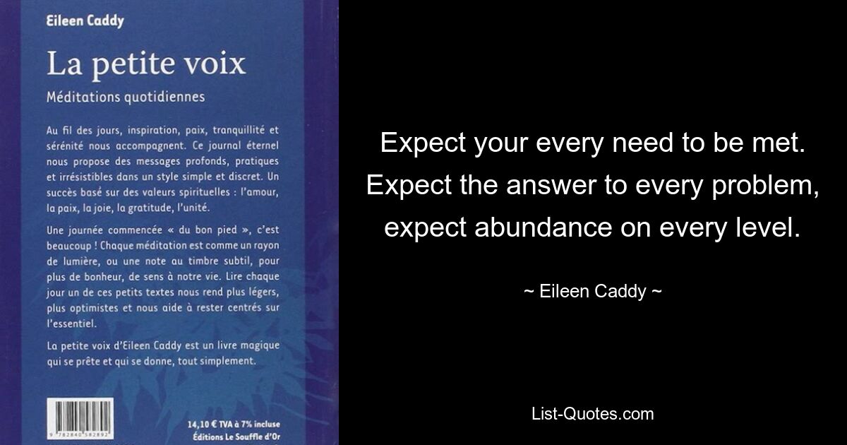 Expect your every need to be met. Expect the answer to every problem, expect abundance on every level. — © Eileen Caddy