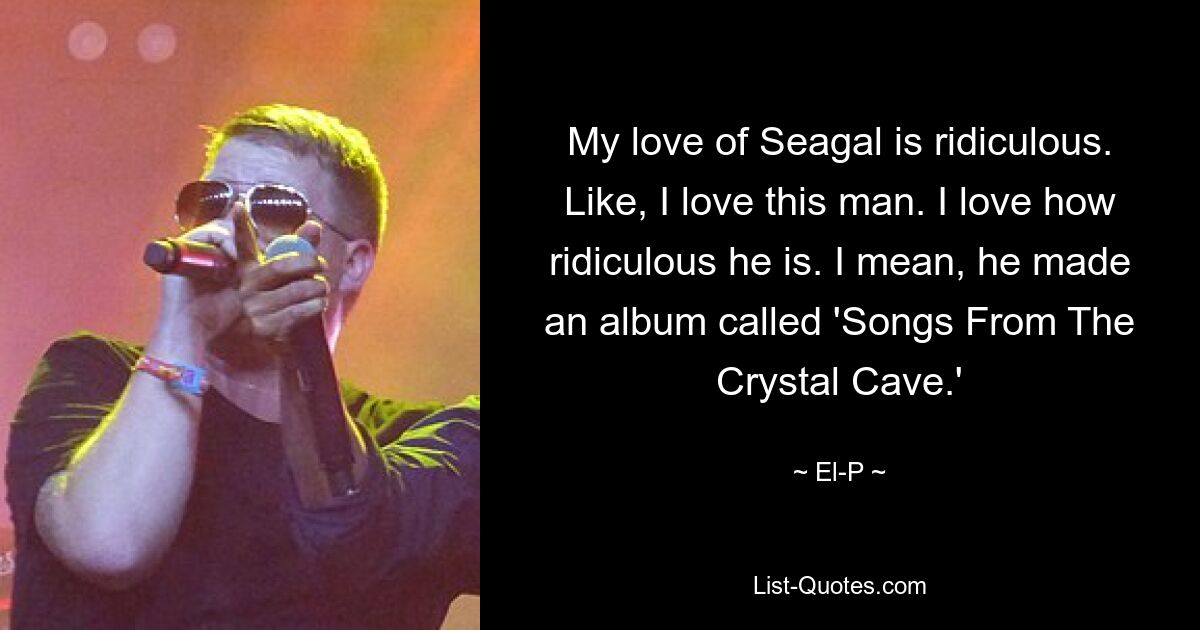 My love of Seagal is ridiculous. Like, I love this man. I love how ridiculous he is. I mean, he made an album called 'Songs From The Crystal Cave.' — © El-P