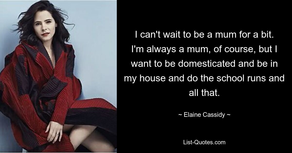 I can't wait to be a mum for a bit. I'm always a mum, of course, but I want to be domesticated and be in my house and do the school runs and all that. — © Elaine Cassidy