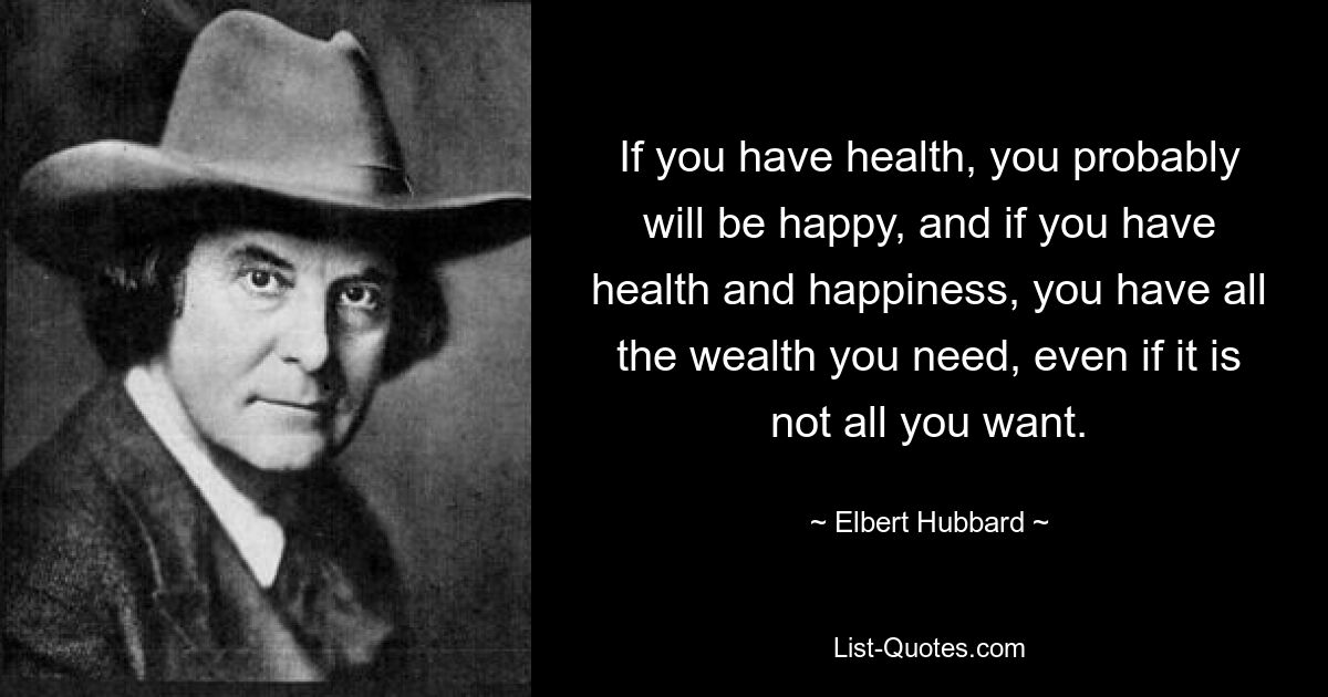 If you have health, you probably will be happy, and if you have health and happiness, you have all the wealth you need, even if it is not all you want. — © Elbert Hubbard