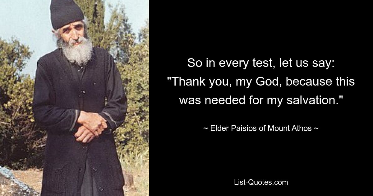 So in every test, let us say: "Thank you, my God, because this was needed for my salvation." — © Elder Paisios of Mount Athos