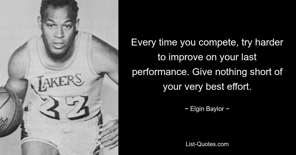 Every time you compete, try harder to improve on your last performance. Give nothing short of your very best effort. — © Elgin Baylor