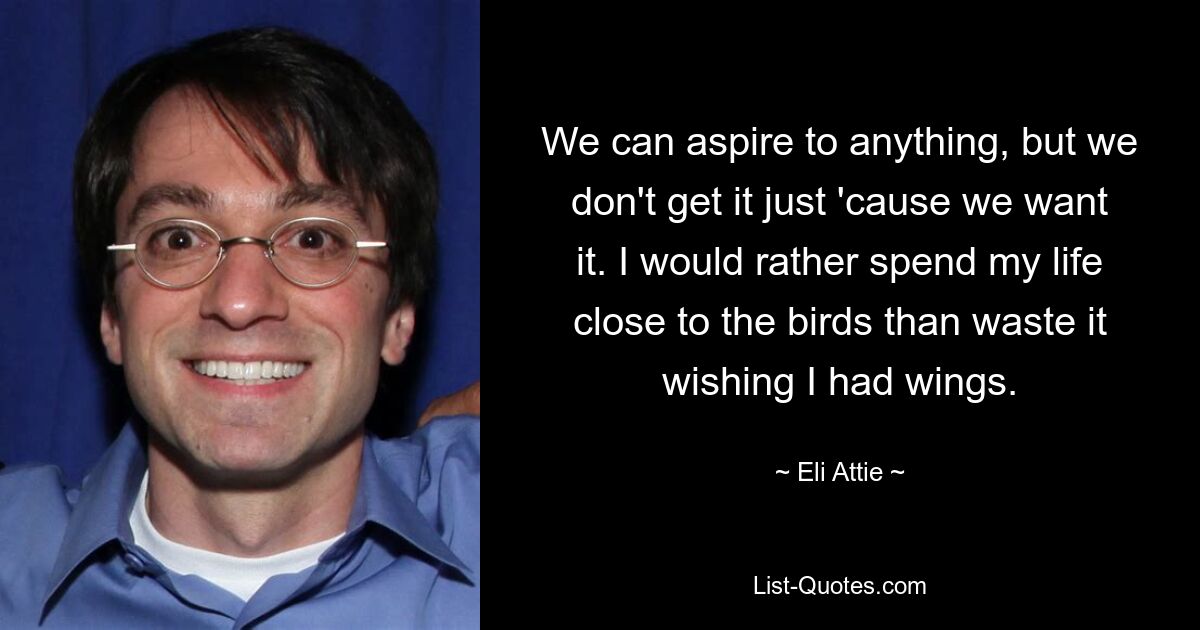 We can aspire to anything, but we don't get it just 'cause we want it. I would rather spend my life close to the birds than waste it wishing I had wings. — © Eli Attie