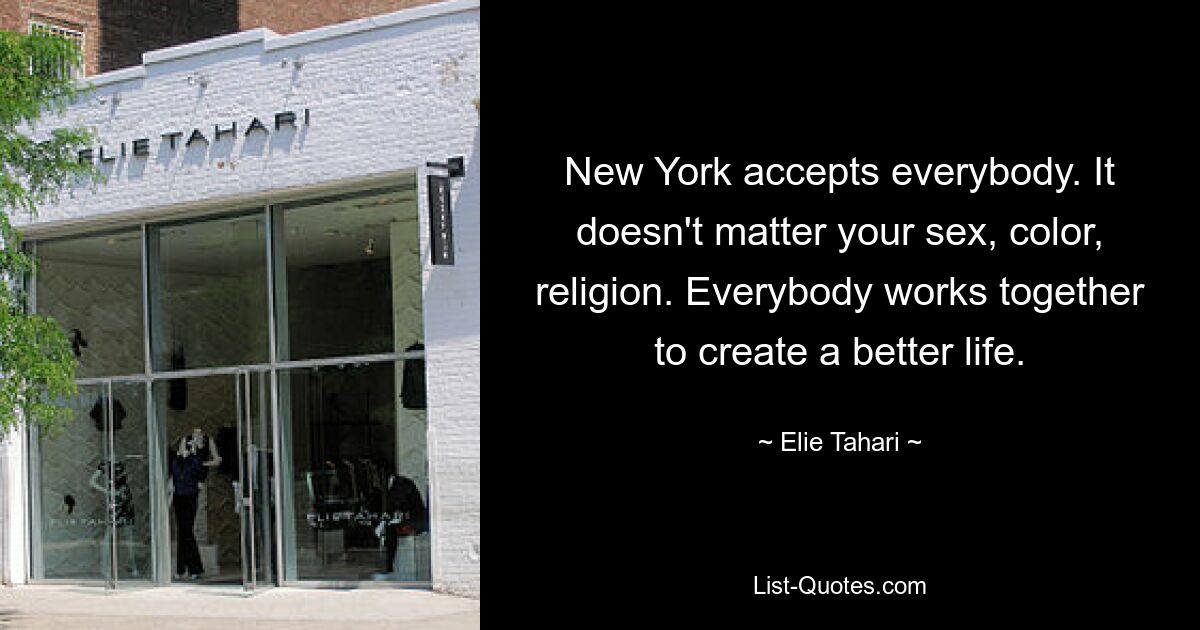 New York accepts everybody. It doesn't matter your sex, color, religion. Everybody works together to create a better life. — © Elie Tahari