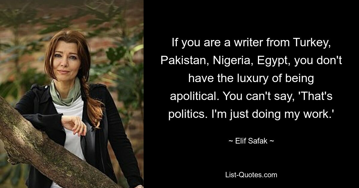 If you are a writer from Turkey, Pakistan, Nigeria, Egypt, you don't have the luxury of being apolitical. You can't say, 'That's politics. I'm just doing my work.' — © Elif Safak