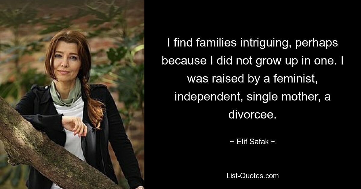 I find families intriguing, perhaps because I did not grow up in one. I was raised by a feminist, independent, single mother, a divorcee. — © Elif Safak