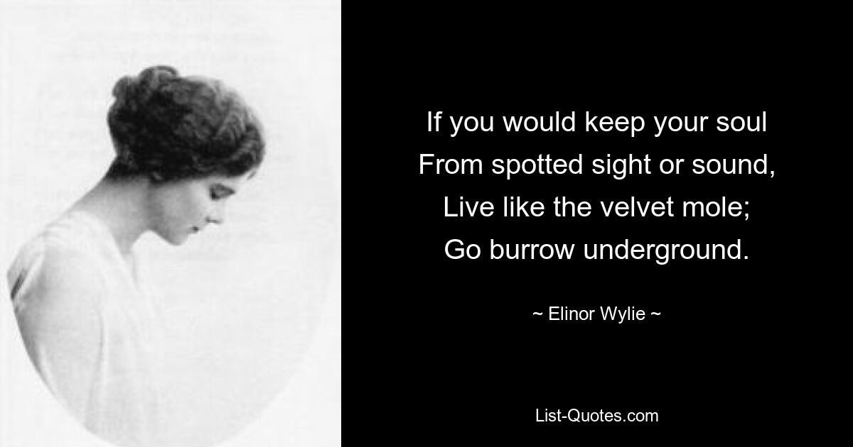 If you would keep your soul
From spotted sight or sound,
Live like the velvet mole;
Go burrow underground. — © Elinor Wylie