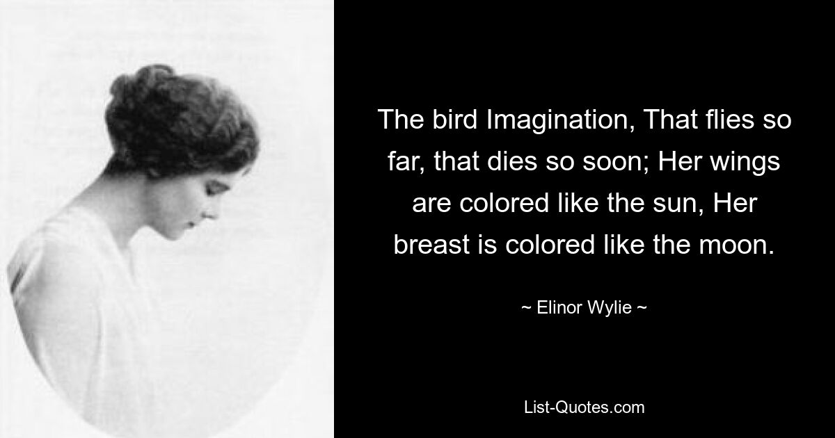 The bird Imagination, That flies so far, that dies so soon; Her wings are colored like the sun, Her breast is colored like the moon. — © Elinor Wylie