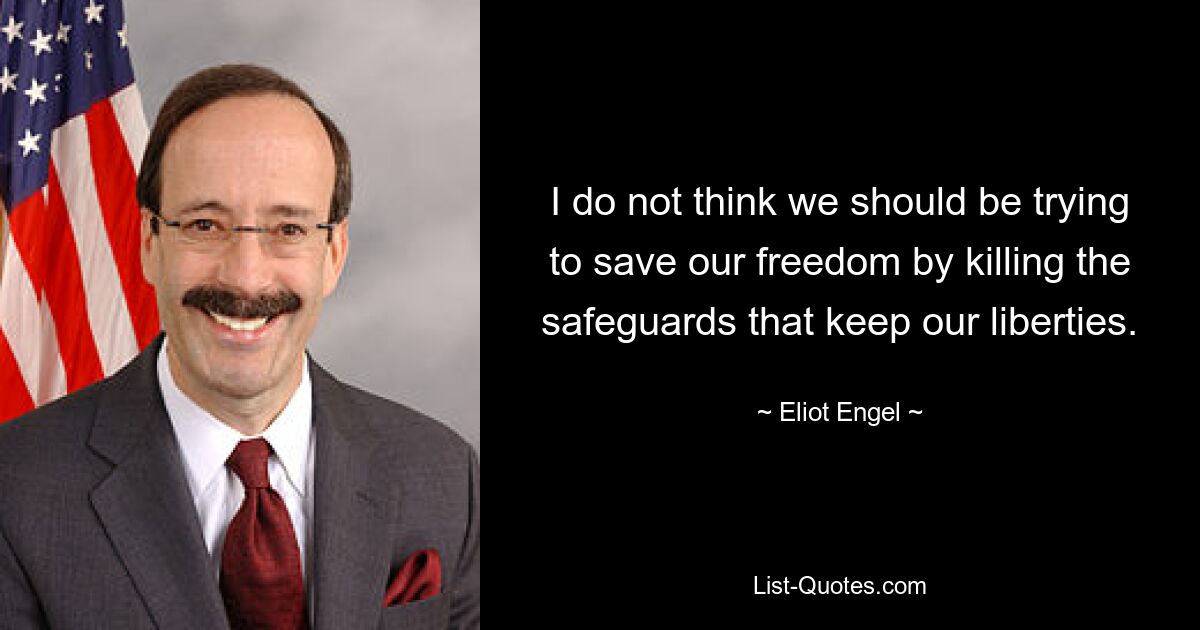 I do not think we should be trying to save our freedom by killing the safeguards that keep our liberties. — © Eliot Engel