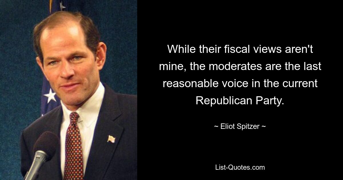 While their fiscal views aren't mine, the moderates are the last reasonable voice in the current Republican Party. — © Eliot Spitzer