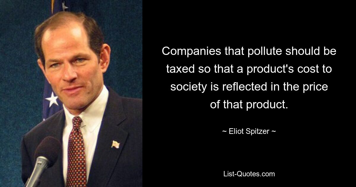 Companies that pollute should be taxed so that a product's cost to society is reflected in the price of that product. — © Eliot Spitzer