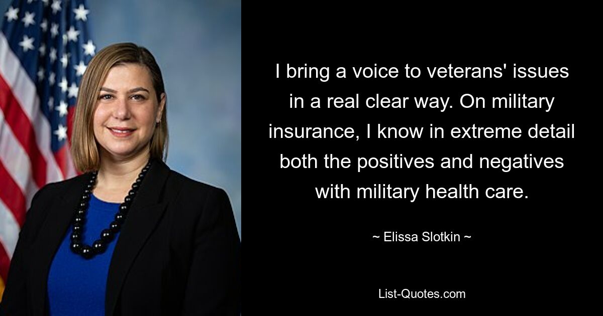 I bring a voice to veterans' issues in a real clear way. On military insurance, I know in extreme detail both the positives and negatives with military health care. — © Elissa Slotkin