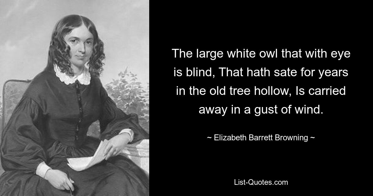 The large white owl that with eye is blind, That hath sate for years in the old tree hollow, Is carried away in a gust of wind. — © Elizabeth Barrett Browning