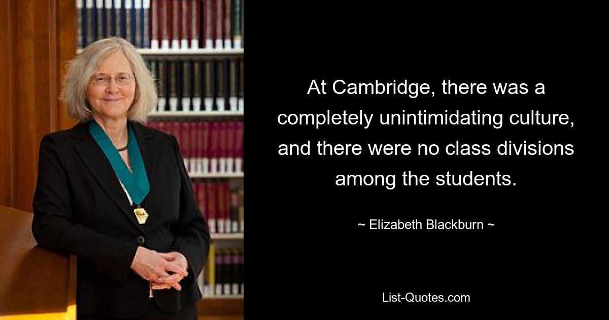 At Cambridge, there was a completely unintimidating culture, and there were no class divisions among the students. — © Elizabeth Blackburn