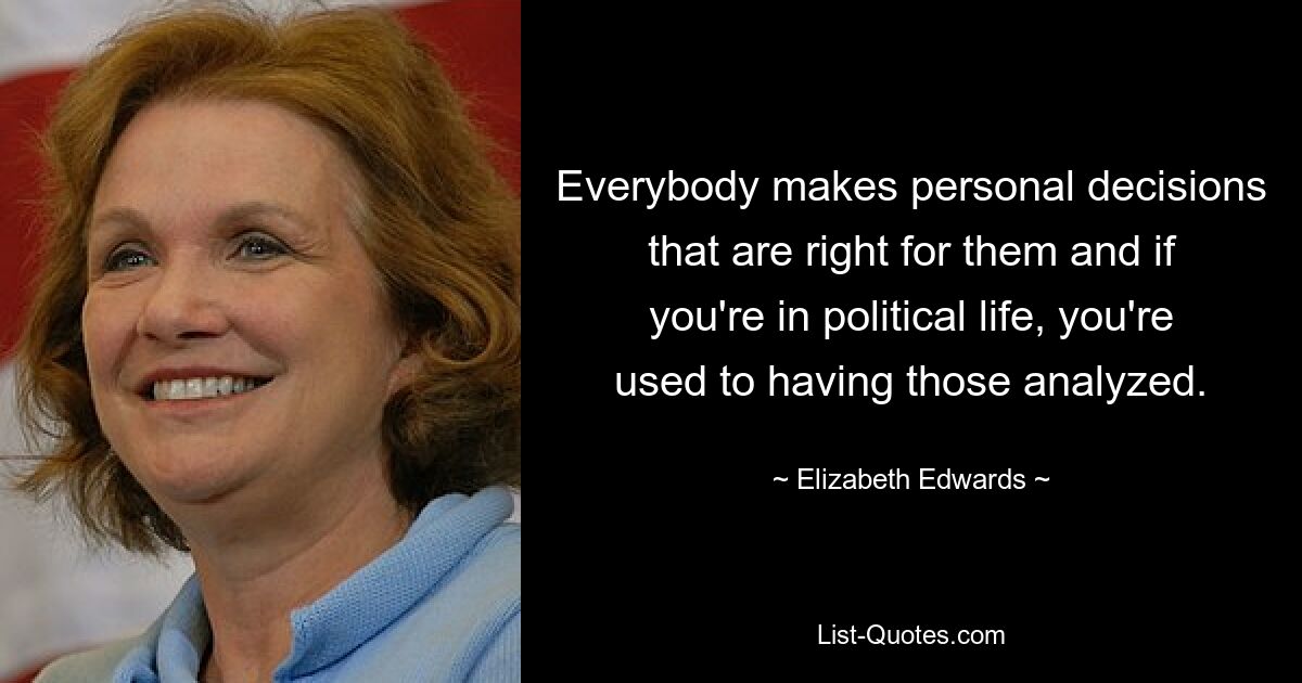 Everybody makes personal decisions that are right for them and if you're in political life, you're used to having those analyzed. — © Elizabeth Edwards