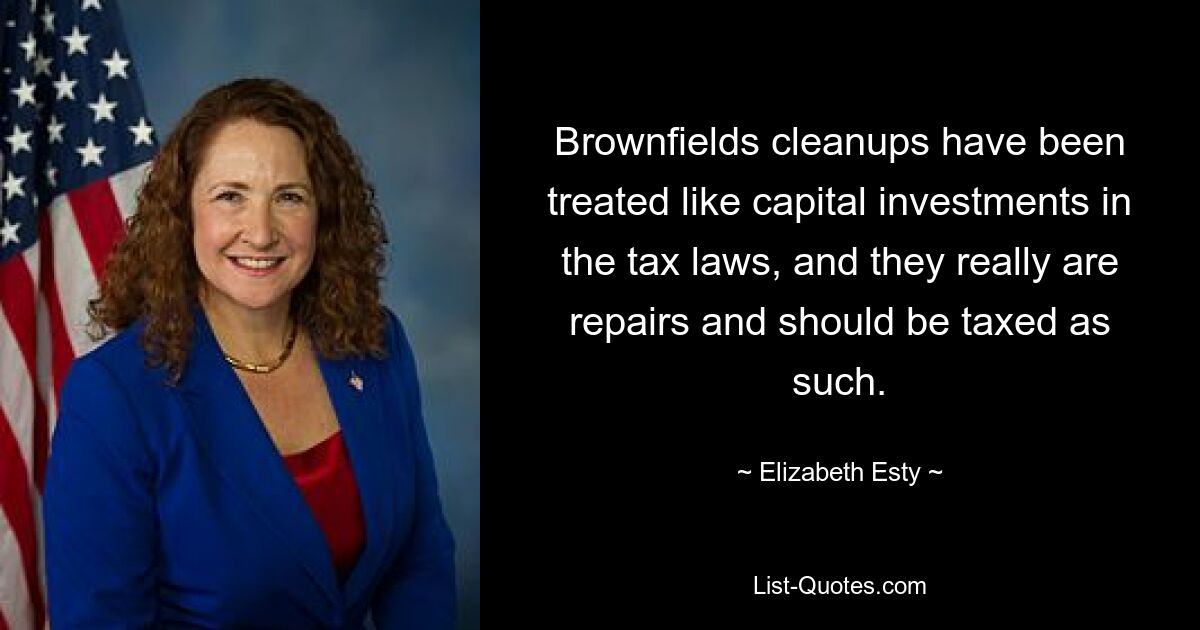 Brownfields cleanups have been treated like capital investments in the tax laws, and they really are repairs and should be taxed as such. — © Elizabeth Esty