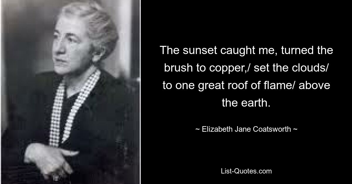 The sunset caught me, turned the brush to copper,/ set the clouds/ to one great roof of flame/ above the earth. — © Elizabeth Jane Coatsworth