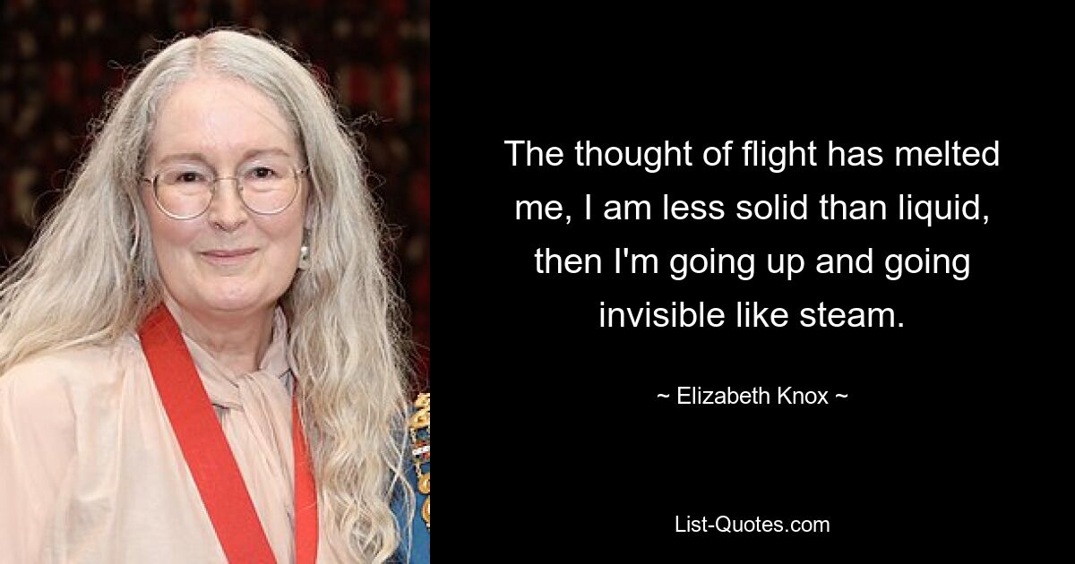 The thought of flight has melted me, I am less solid than liquid, then I'm going up and going invisible like steam. — © Elizabeth Knox