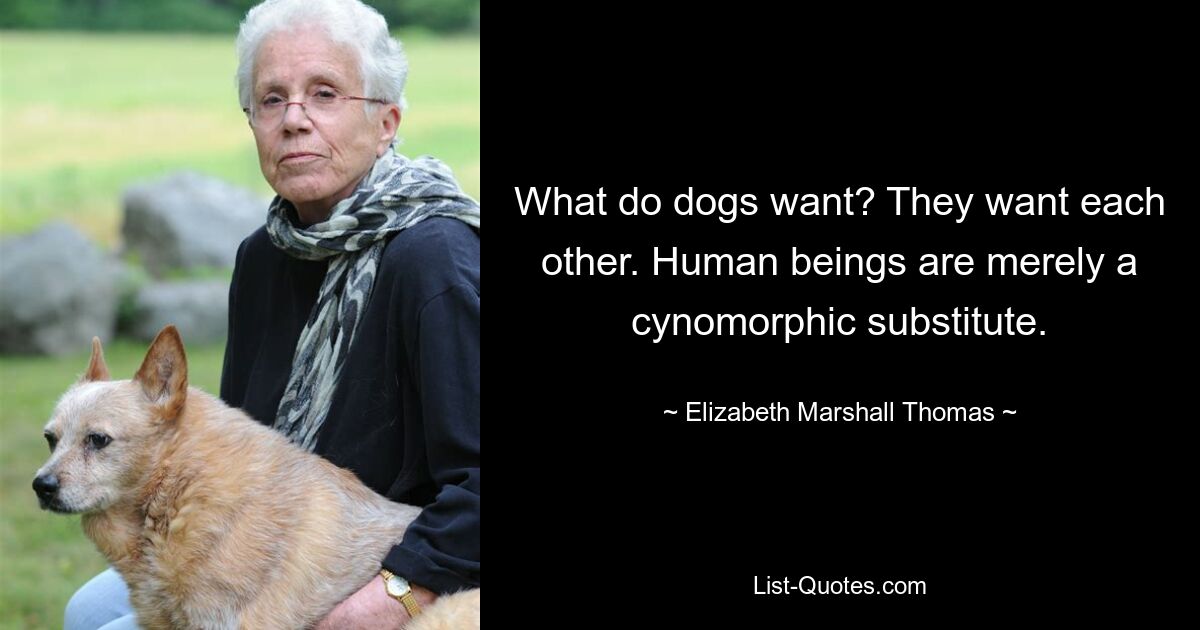 What do dogs want? They want each other. Human beings are merely a cynomorphic substitute. — © Elizabeth Marshall Thomas