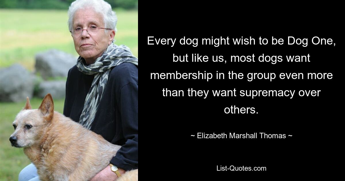 Every dog might wish to be Dog One, but like us, most dogs want membership in the group even more than they want supremacy over others. — © Elizabeth Marshall Thomas