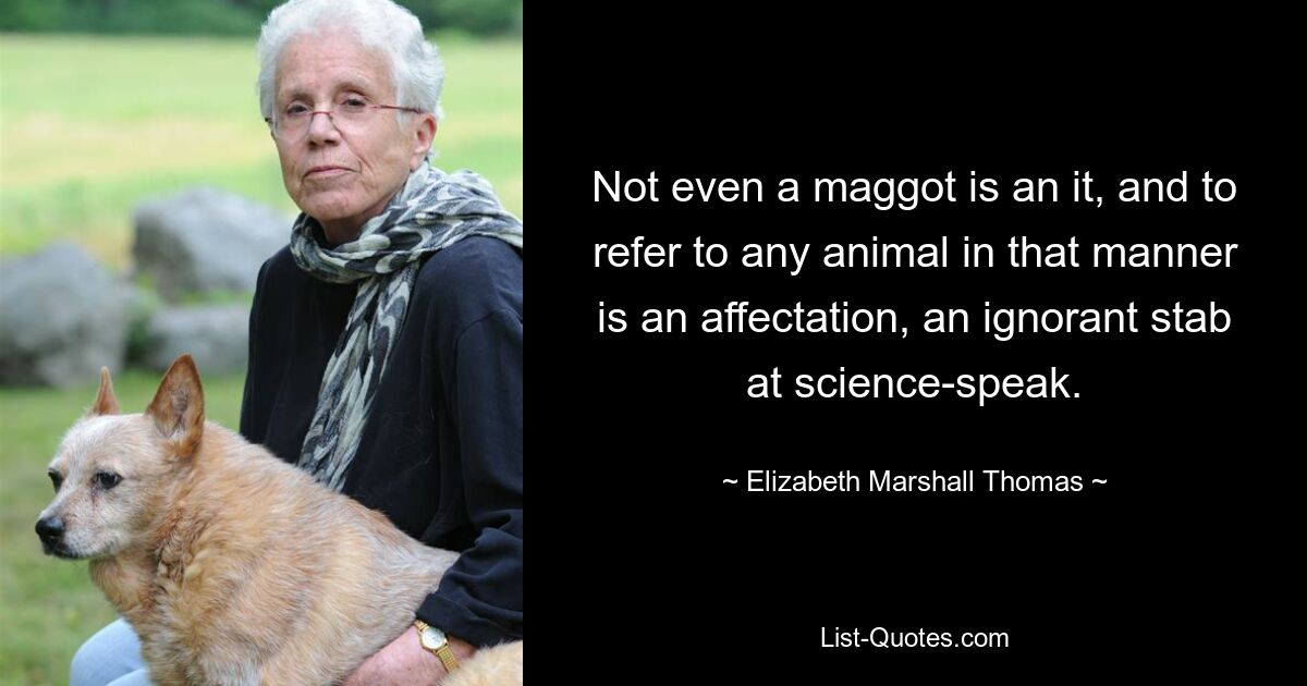 Not even a maggot is an it, and to refer to any animal in that manner is an affectation, an ignorant stab at science-speak. — © Elizabeth Marshall Thomas