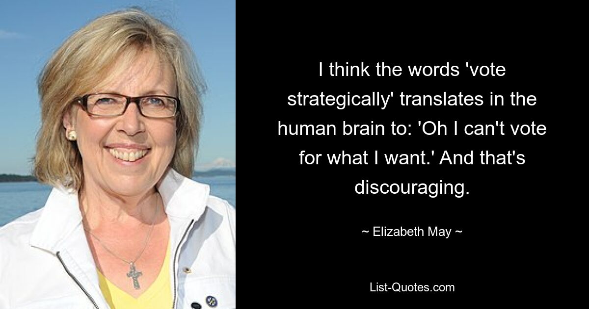 I think the words 'vote strategically' translates in the human brain to: 'Oh I can't vote for what I want.' And that's discouraging. — © Elizabeth May