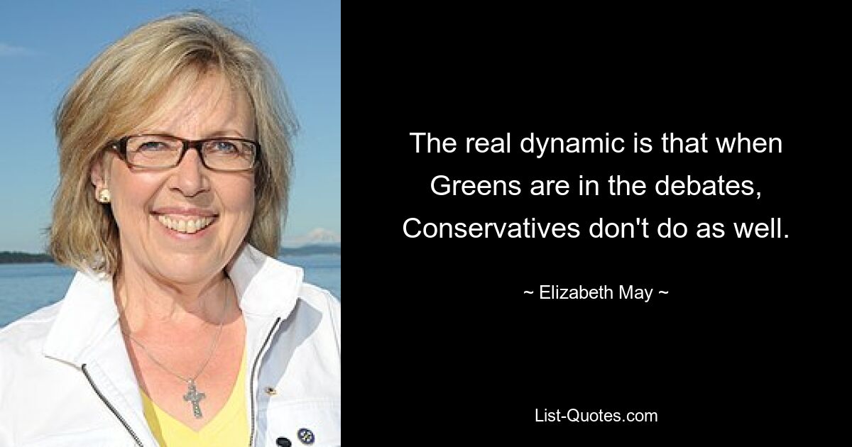 The real dynamic is that when Greens are in the debates, Conservatives don't do as well. — © Elizabeth May