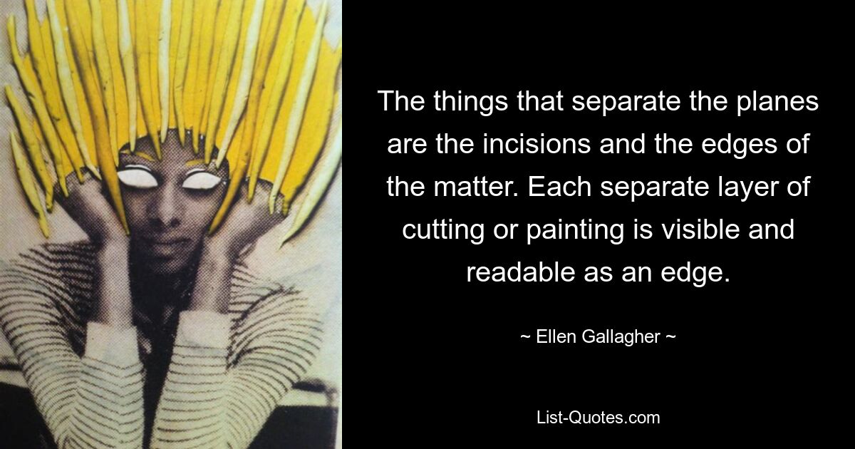 The things that separate the planes are the incisions and the edges of the matter. Each separate layer of cutting or painting is visible and readable as an edge. — © Ellen Gallagher