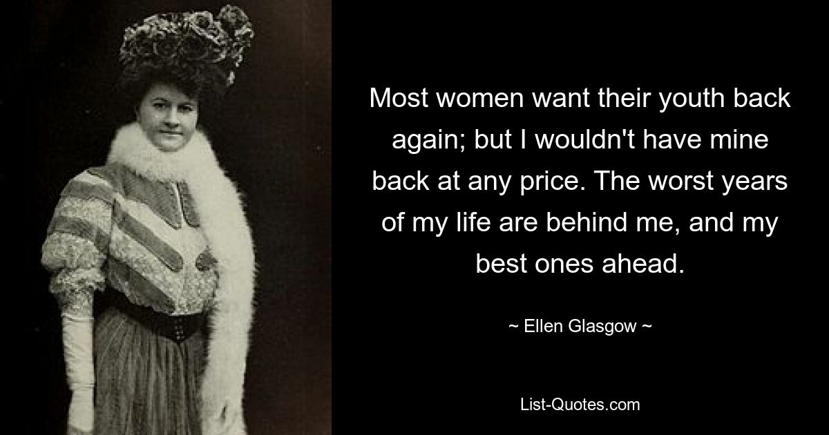 Most women want their youth back again; but I wouldn't have mine back at any price. The worst years of my life are behind me, and my best ones ahead. — © Ellen Glasgow