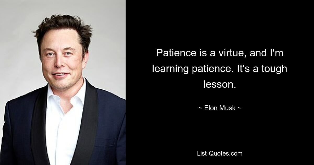 Patience is a virtue, and I'm learning patience. It's a tough lesson. — © Elon Musk