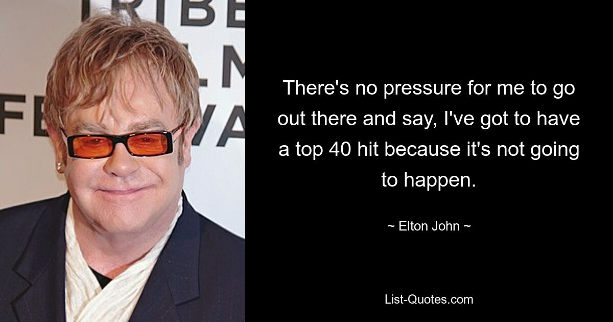 There's no pressure for me to go out there and say, I've got to have a top 40 hit because it's not going to happen. — © Elton John